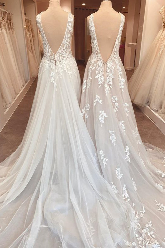 Beautiful Long A-line High Neck Open Back Wedding Dress With Lace Sleeves