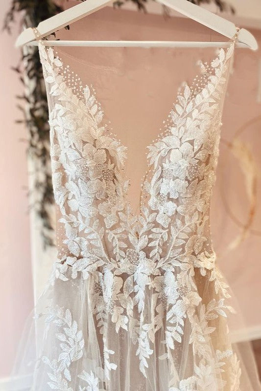 classy a line wedding dresses Classy Long A-line Tulle Appliques Lace Wedding Dress