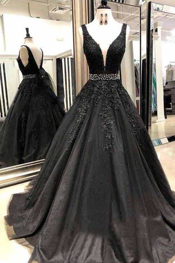 strapless open back dress BABARONI Tulle Black Prom Dresses A-line Halter Sleeveless Appliqued With  Slit main image 0