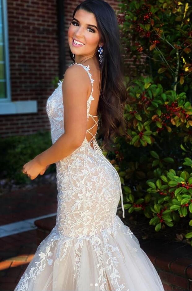Classy Long Mermaid Backless Appliques Lace Tulle Prom Dress BIZTUNNEL Classy Long Mermaid Backless Appliques Lace Tulle Prom Dress BIZTUNNEL