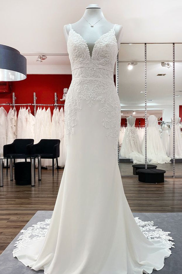 Classy Long Mermaid V-Neck Satin Open Back Wedding Dress with Lace Appliques Classy Long Mermaid V-Neck Satin Open Back Wedding Dress with Lace Appliques