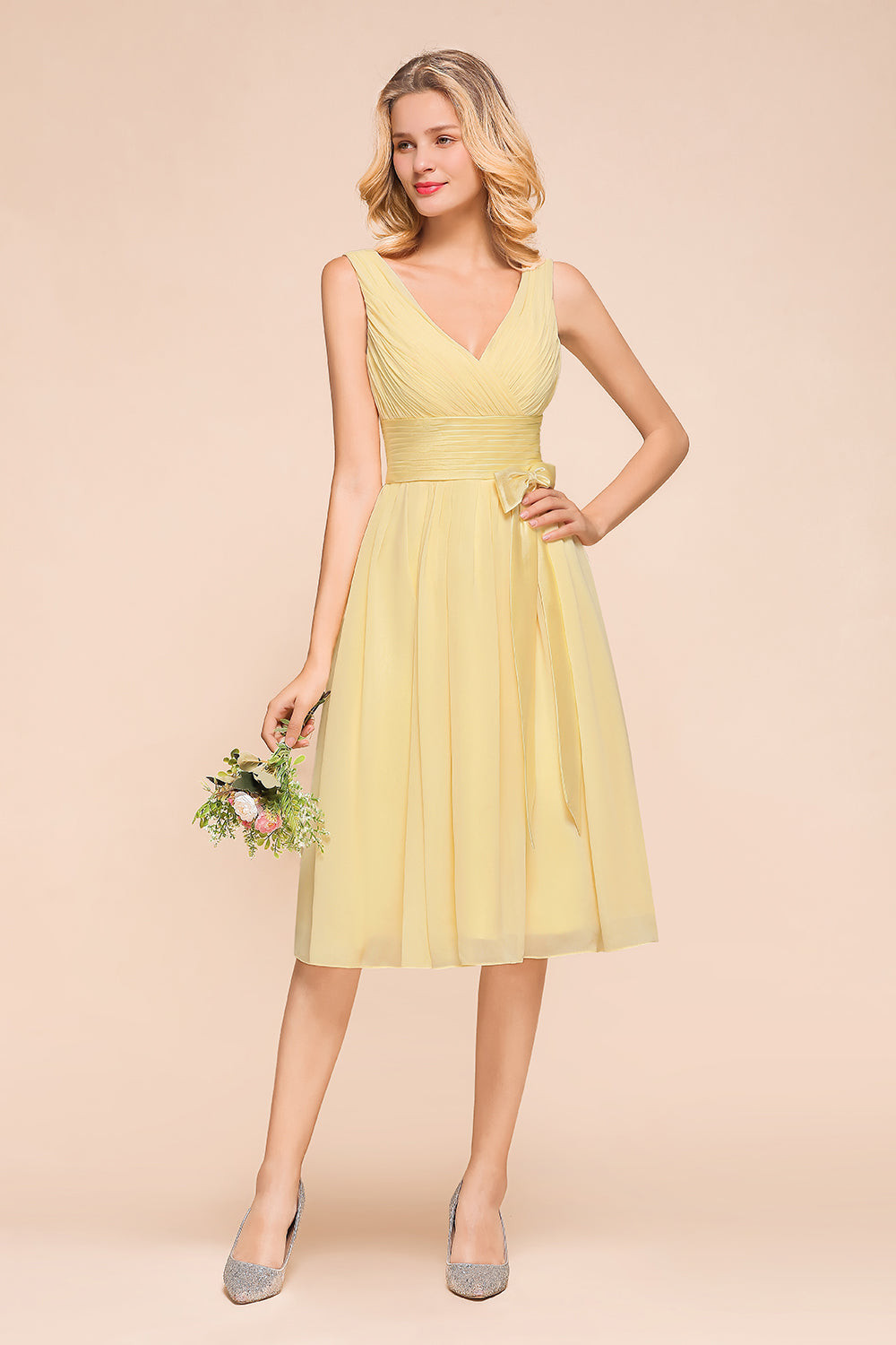 Classy Short A-line Chiffon Wide Straps V-neck Bridesmaid Dress With Bowknot