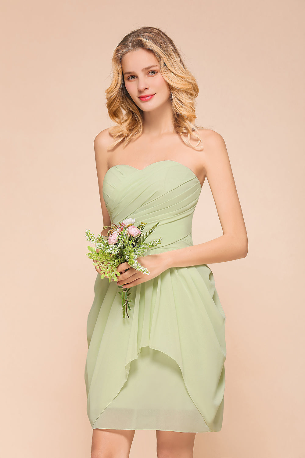 Classy Short A-line Strapless Chiffon Light Green Bridesmaid Dress Wit –  BIZTUNNEL