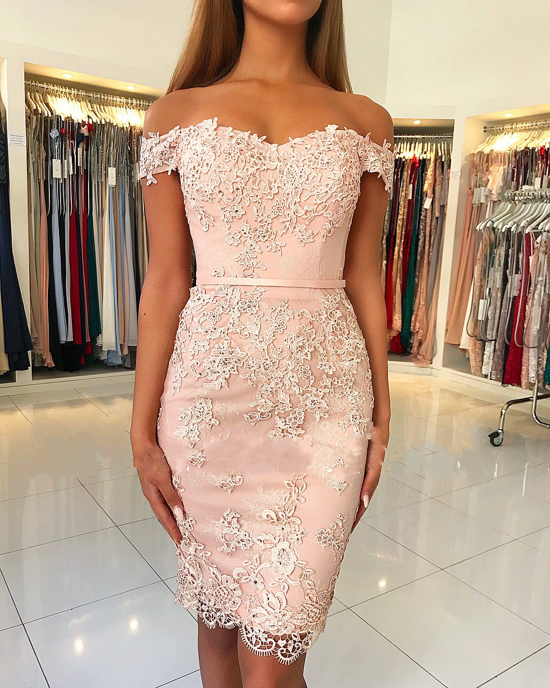 Classy Short Mermaid Off-the-shoulder Lace Prom Dress Classy Short Mermaid Off-the-shoulder Lace Prom Dress