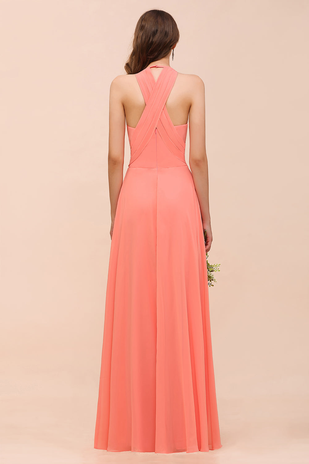 Coral Long A-line Chiffon V-neck Bridesmaid Dress with Ruffle BIZTUNNEL Coral Long A-line Chiffon V-neck Bridesmaid Dress with Ruffle BIZTUNNEL