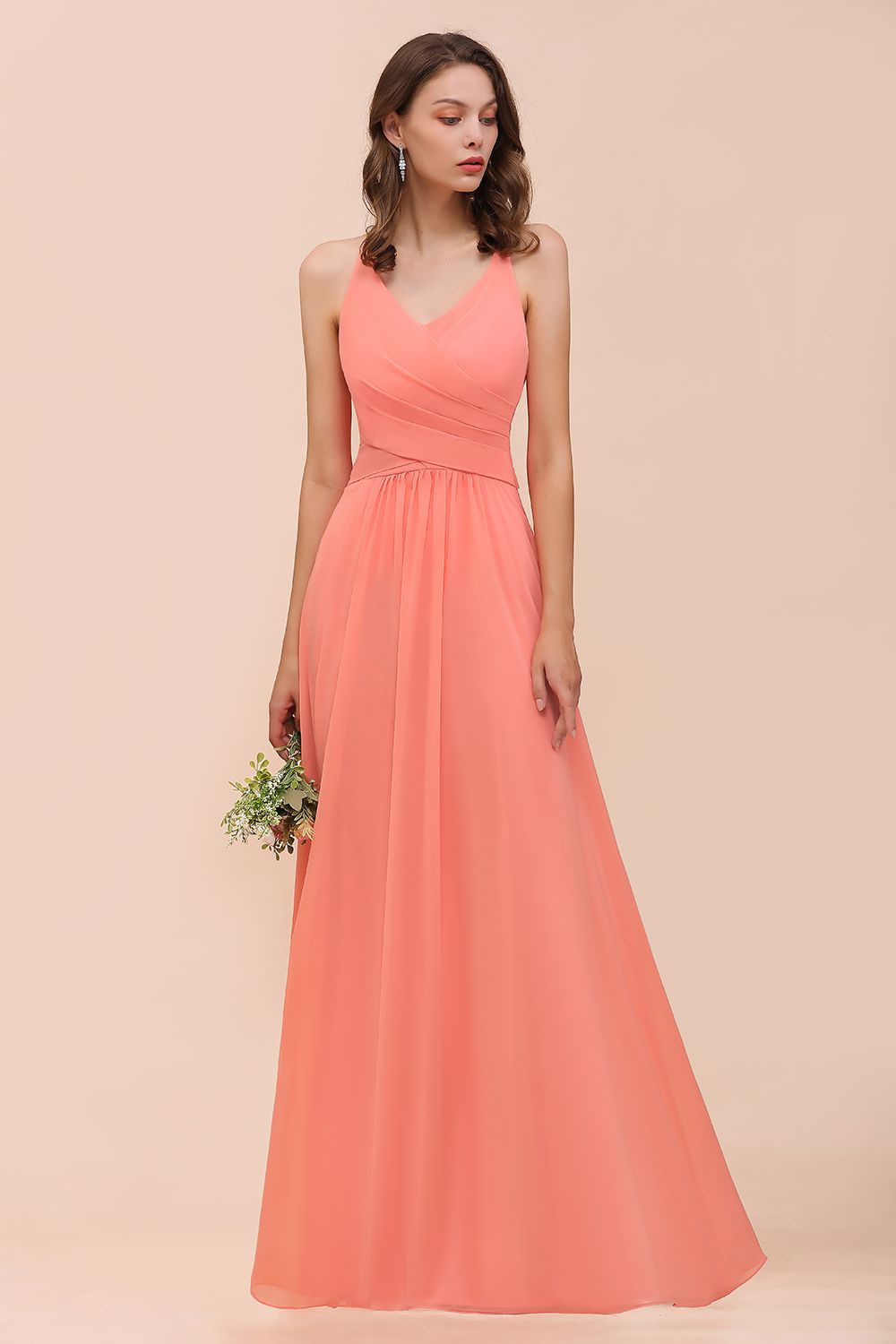 Coral Long A-line Chiffon V-neck Bridesmaid Dress with Ruffle BIZTUNNEL Coral Long A-line Chiffon V-neck Bridesmaid Dress with Ruffle BIZTUNNEL