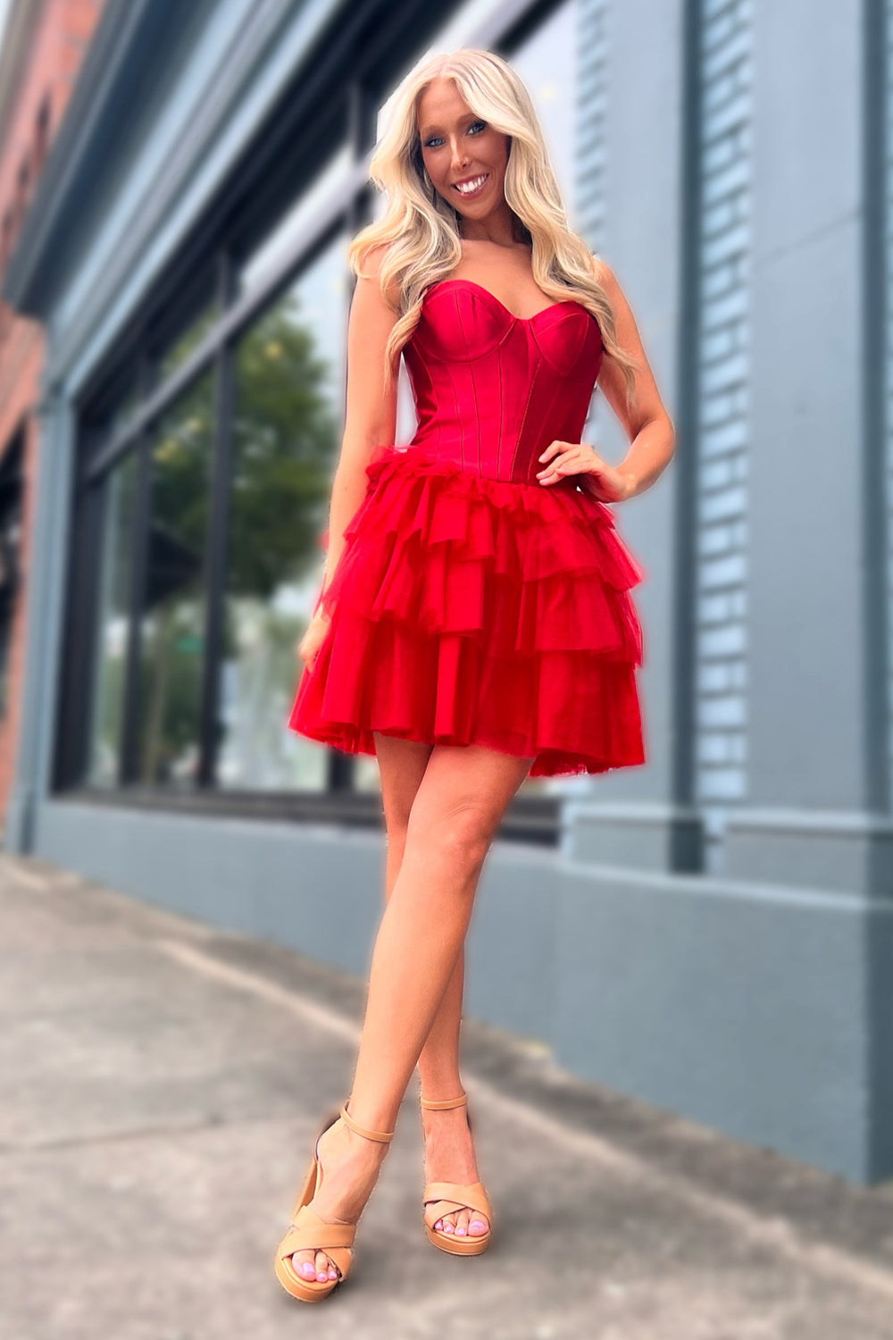 Corset Red Sweetheart Short Homecoming Dress With Ruffles Corset Red Sweetheart Short Homecoming Dress With Ruffles