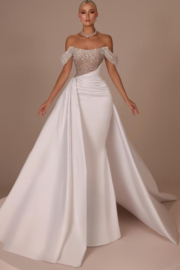 mermaid court train wedding dress Court Train Off The Shoulder Mermaid Satin Sequined Long Wedding Dress