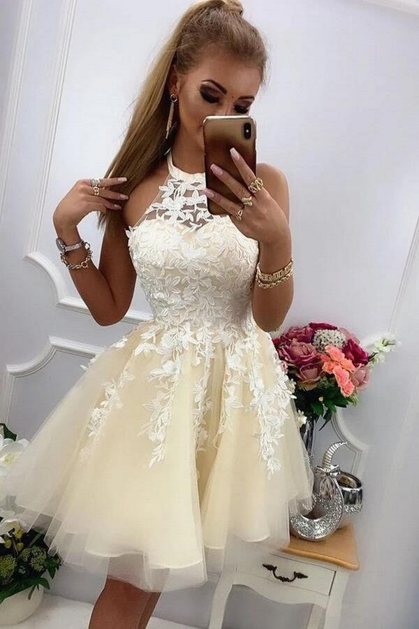 Cute A-line Halter Tulle Lace Short Prom Dresses for Teens Cute A-line Halter Tulle Lace Short Prom Dresses for Teens