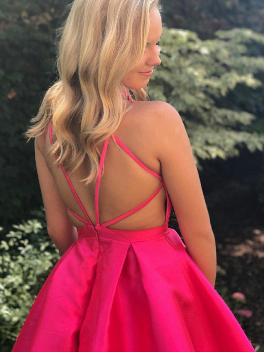 Cute A-Line V Neck Open Back Fuchsia Short Prom Homecoming Dresses Cute A-Line V Neck Open Back Fuchsia Short Prom Homecoming Dresses