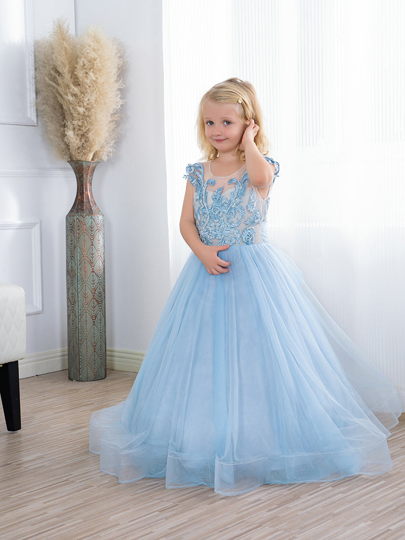 blue dress for baby girl Elegant Ice Blue Fairytale Floral A-line Long Tulle Prom Party Dress, –  SposaBridal main image 0