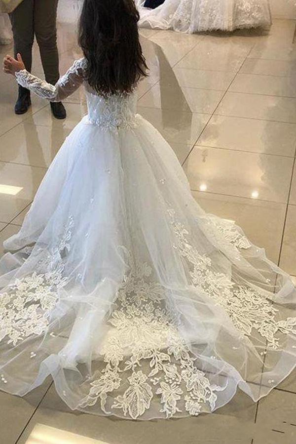 long sleeve flower girl dresses lace and tulle Cute Long A-line Tulle Lace Flower girl dresses with sleeves