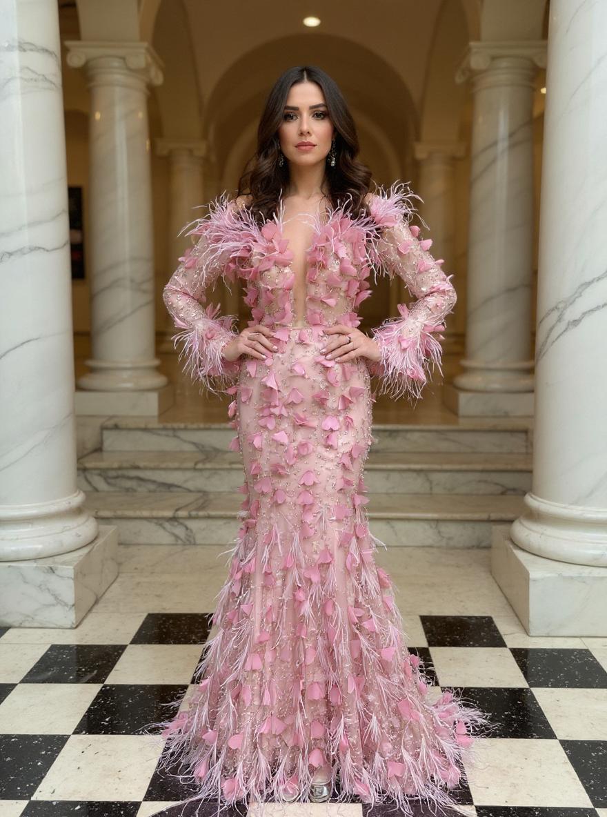 Pink Long Sleeves Mermaid Evening Dresses with Feather