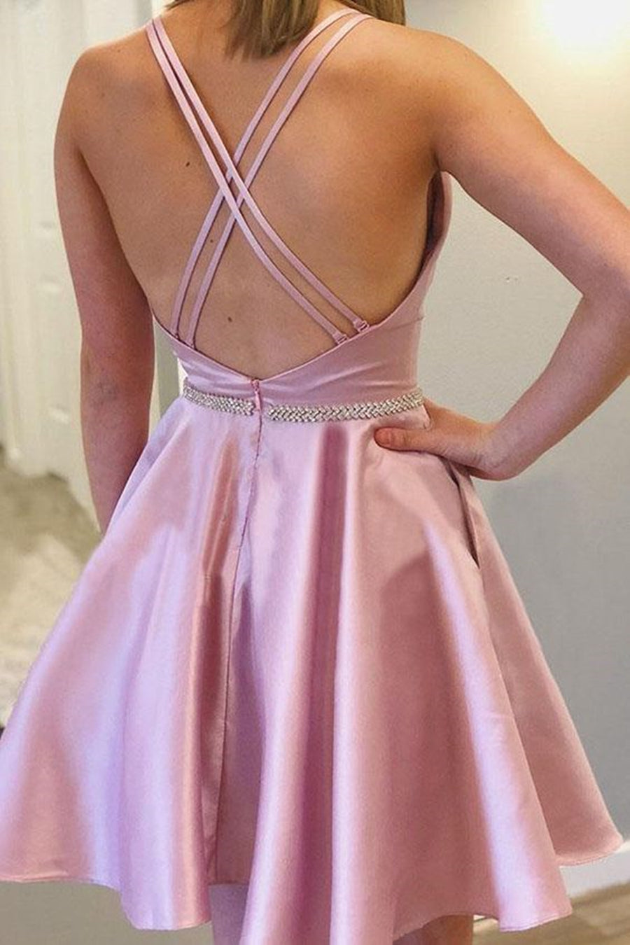 Cute Short A-Line Backless Satin Prom Homecoming Dresses with Pocket Cute Short A-Line Backless Satin Prom Homecoming Dresses with Pocket