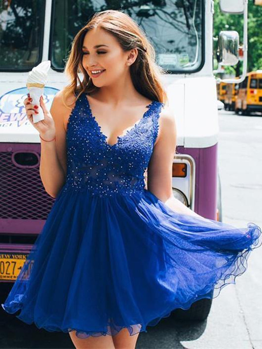 Cute Short A-line V Neck Open Back Lace Prom Dresses Homecoming Dresses Cute Short A-line V Neck Open Back Lace Prom Dresses Homecoming Dresses