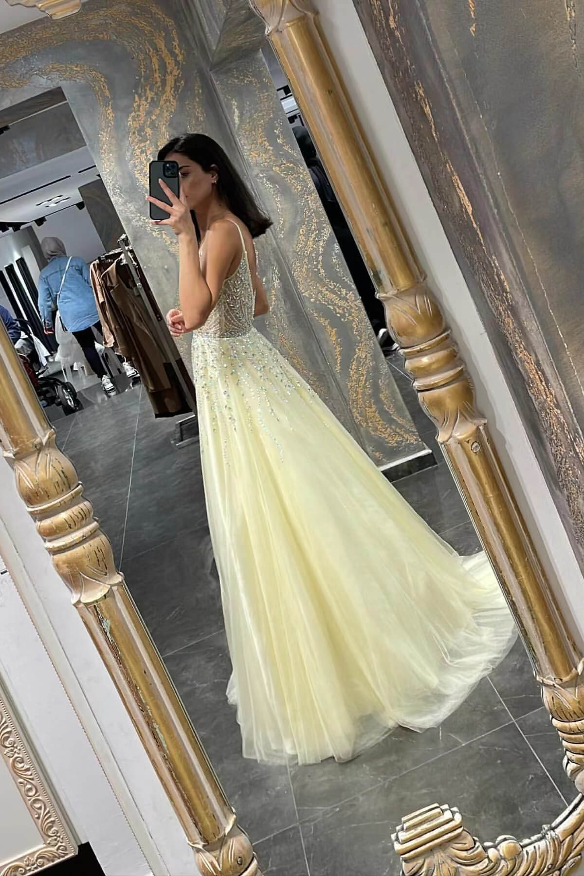 Daffodil Long A-Line V-Neck Spaghetti Strap Tulle Prom Dress with Beads