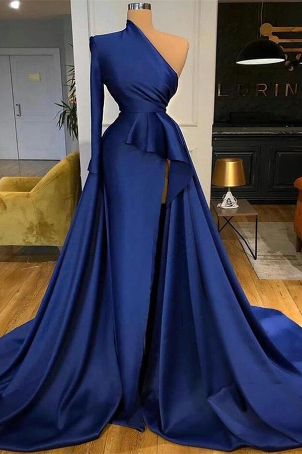One Shoulder Ruffles Satin Pleated Long Mermaid Formal Dresses with Slit main image 1