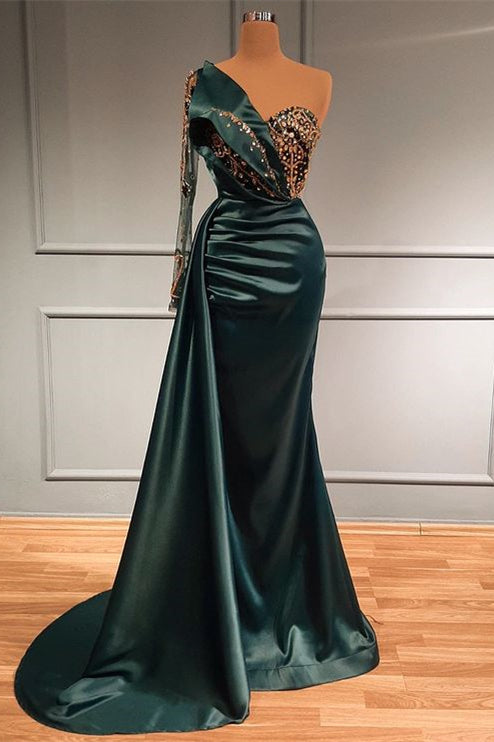 Dark Green Beads Mermaid Long Sleeves Satin Evening Dress with Appliqu BIZTUNNEL Dark Green Beads Mermaid Long Sleeves Satin Evening Dress with Appliqu BIZTUNNEL