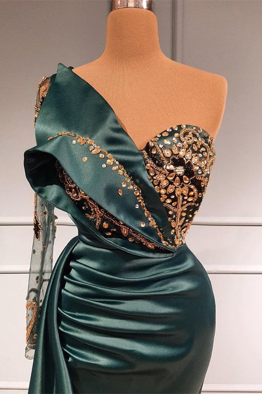 Dark Green Beads Mermaid Long Sleeves Satin Evening Dress with Appliqu BIZTUNNEL Dark Green Beads Mermaid Long Sleeves Satin Evening Dress with Appliqu BIZTUNNEL
