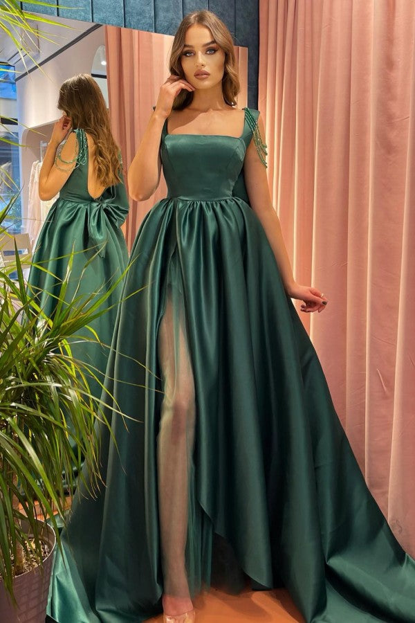 Dark Green Long A-Line Satin Front Slit Open Back Prom Dress with Bow