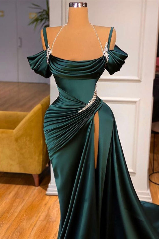 Dark Green Long Off-the-Shoulder Mermaid Prom Dress with Slit-BIZTUNNEL