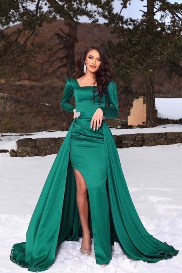 Dark Green Long Sleeves Mermaid Satin Front Slit Prom Dress with Detachable Skirt Dark Green Long Sleeves Mermaid Satin Front Slit Prom Dress with Detachable Skirt