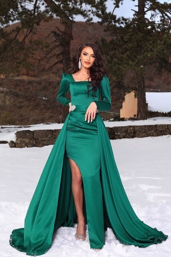 Dark Green Long Sleeves Mermaid Satin Front Slit Prom Dress with Detac BIZTUNNEL Dark Green Long Sleeves Mermaid Satin Front Slit Prom Dress with Detac BIZTUNNEL