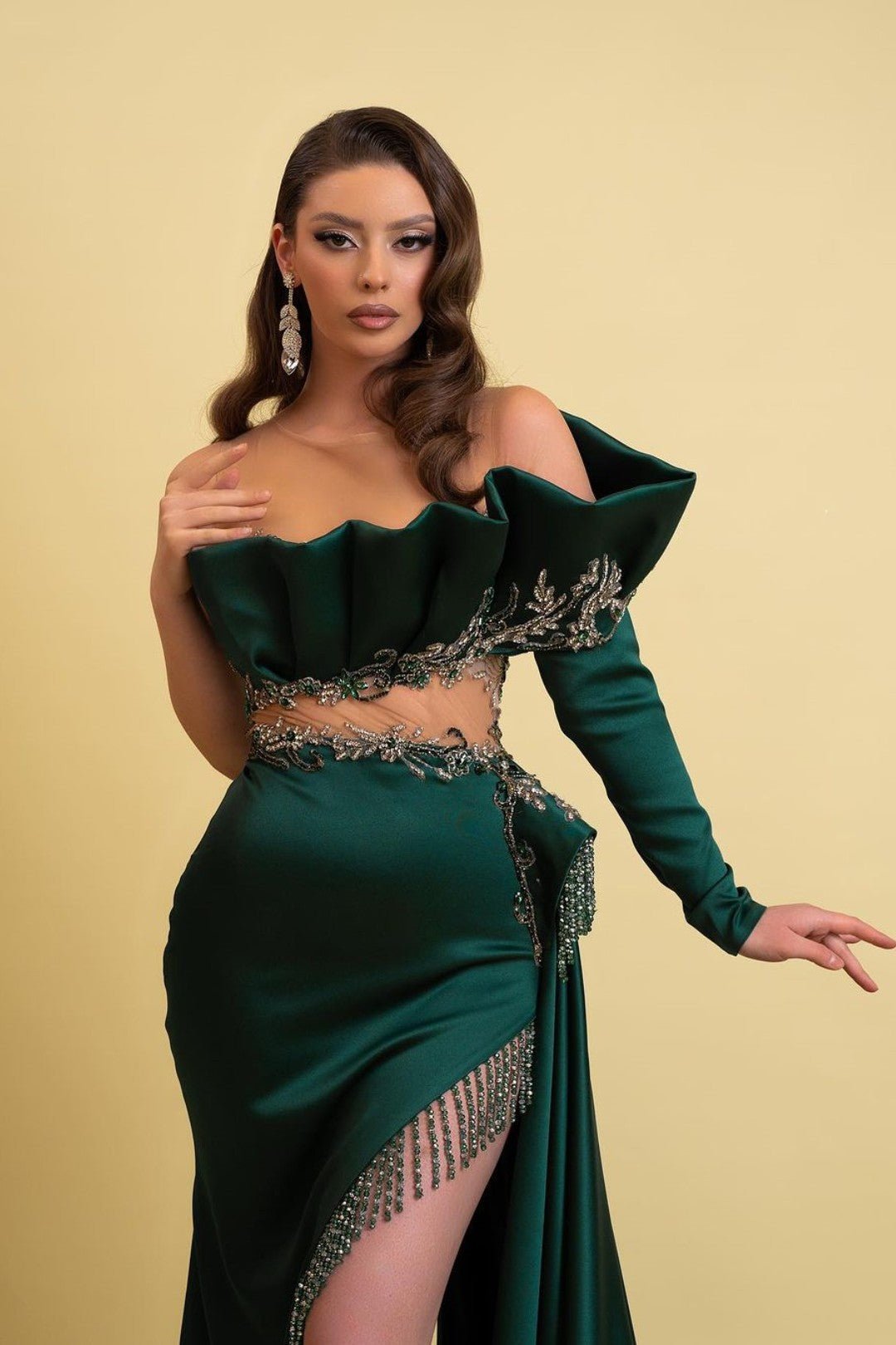 Dark Green Long Sleeves One Shoulder Satin Prom Dress with High Slit Dark Green Long Sleeves One Shoulder Satin Prom Dress with High Slit