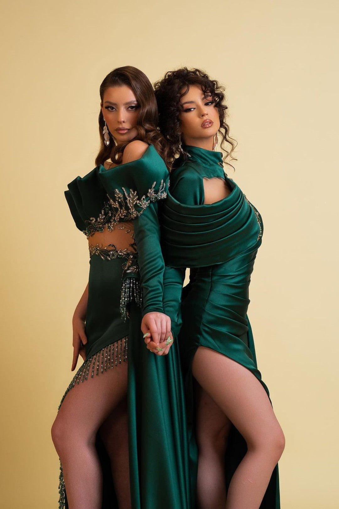 Dark Green Long Sleeves One Shoulder Satin Prom Dress with High Slit Dark Green Long Sleeves One Shoulder Satin Prom Dress with High Slit