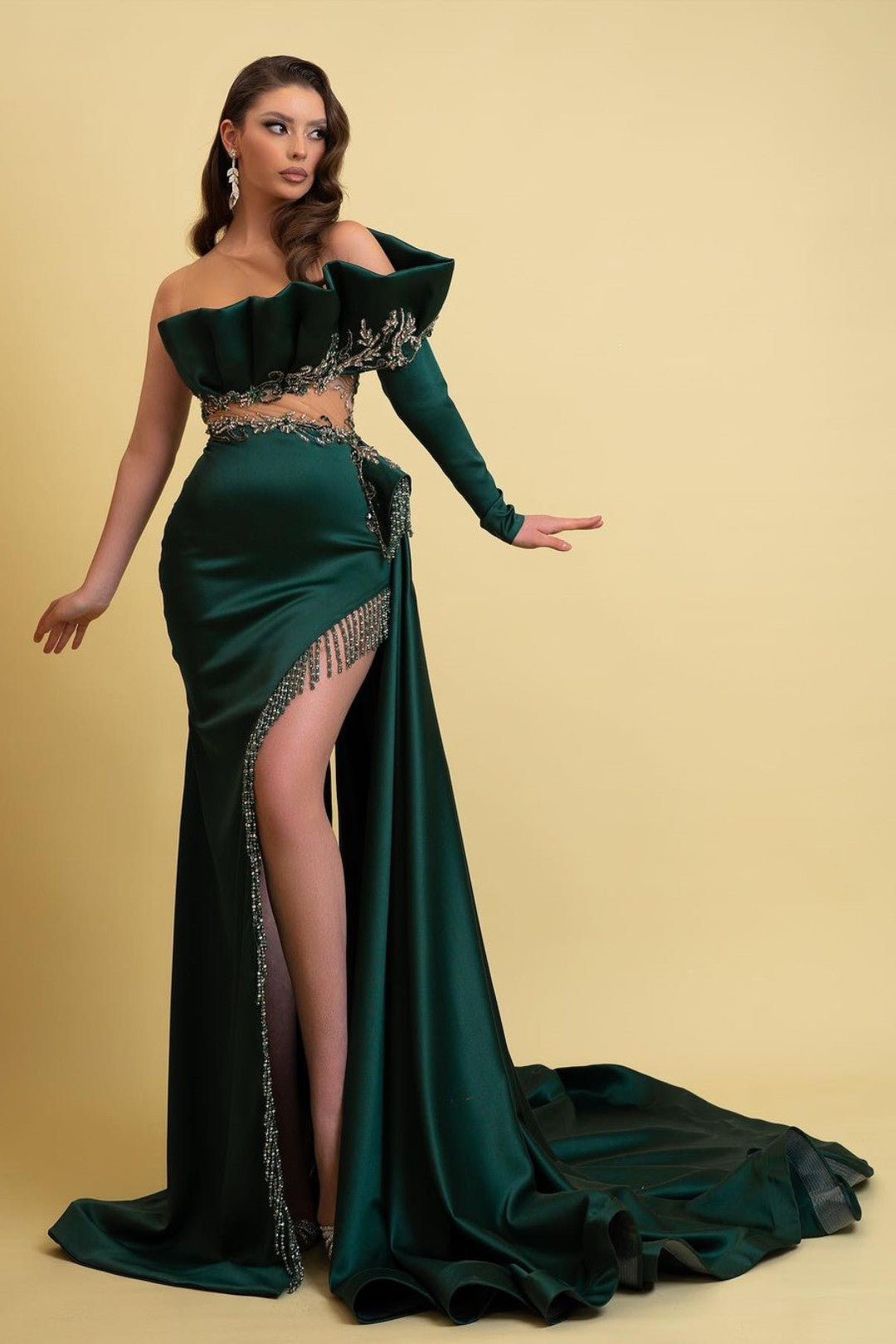 sachin and babi light blue dress Stunning Pleated Evening Dress with High Slit and Sequin Sleeves
