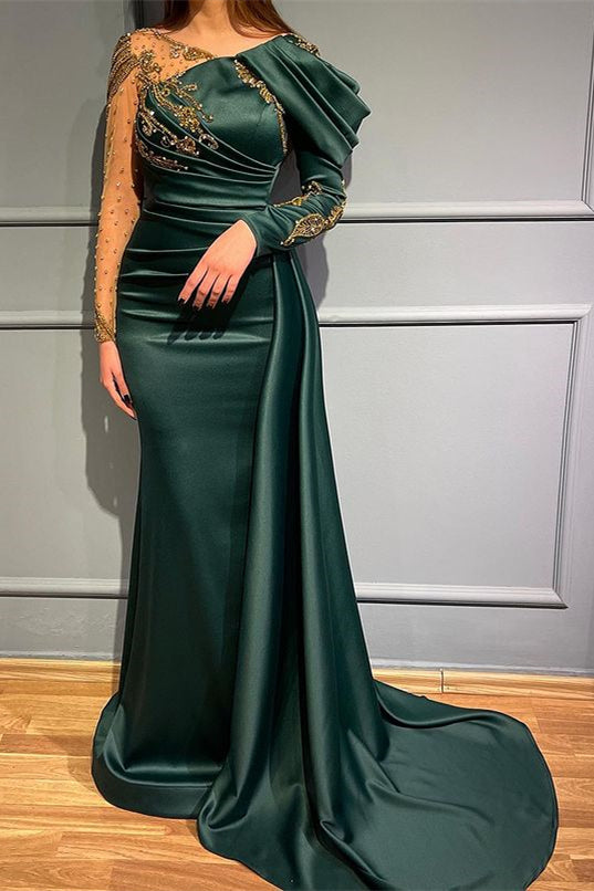 slim fit dress slacks Simple Dark Green Satin A-Line Sweep Train Prom Dress PL411 main image 1