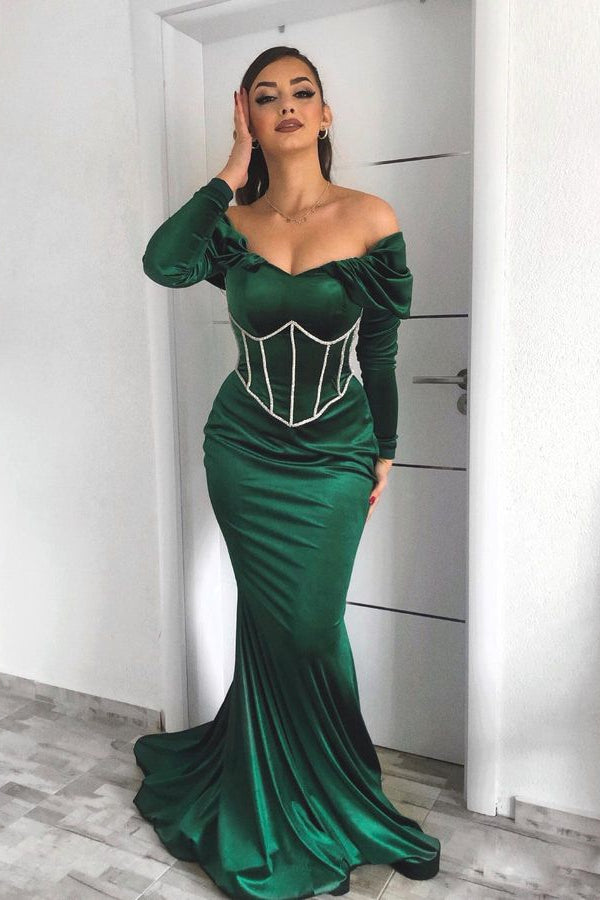 Dark Green Off the Shoulder Long Sleeves Mermaid Satin Prom Dress
