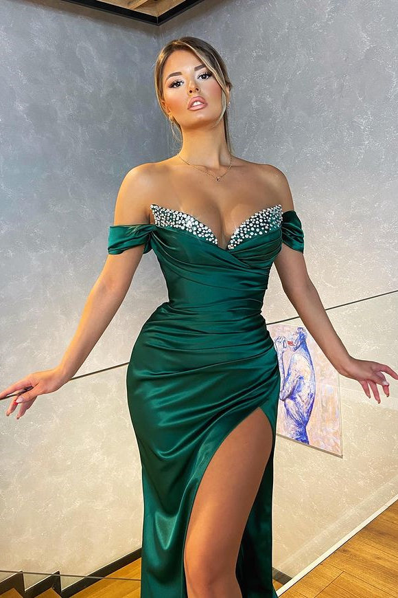 Dark Green Long Satin Off the Shoulder Mermaid Prom Dress with Split Dark Green Long Satin Off the Shoulder Mermaid Prom Dress with Split