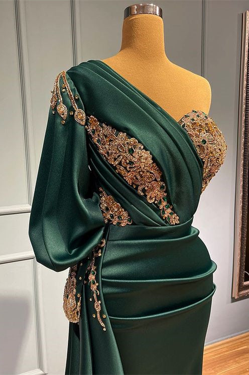 Dark Green One Shoulder Beaded Long Mermaid Prom Dress with Appliques