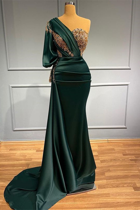 Dark Green One Shoulder Beaded Long Mermaid Prom Dress with Appliques