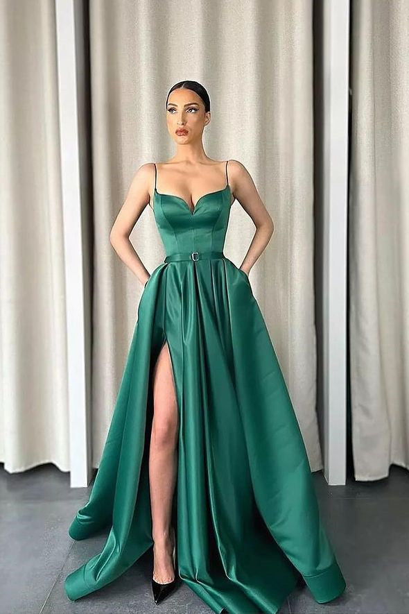 Spaghetti Straps V-Neck Long A-Line Satin Front Slit Prom Dress with P –  BIZTUNNEL