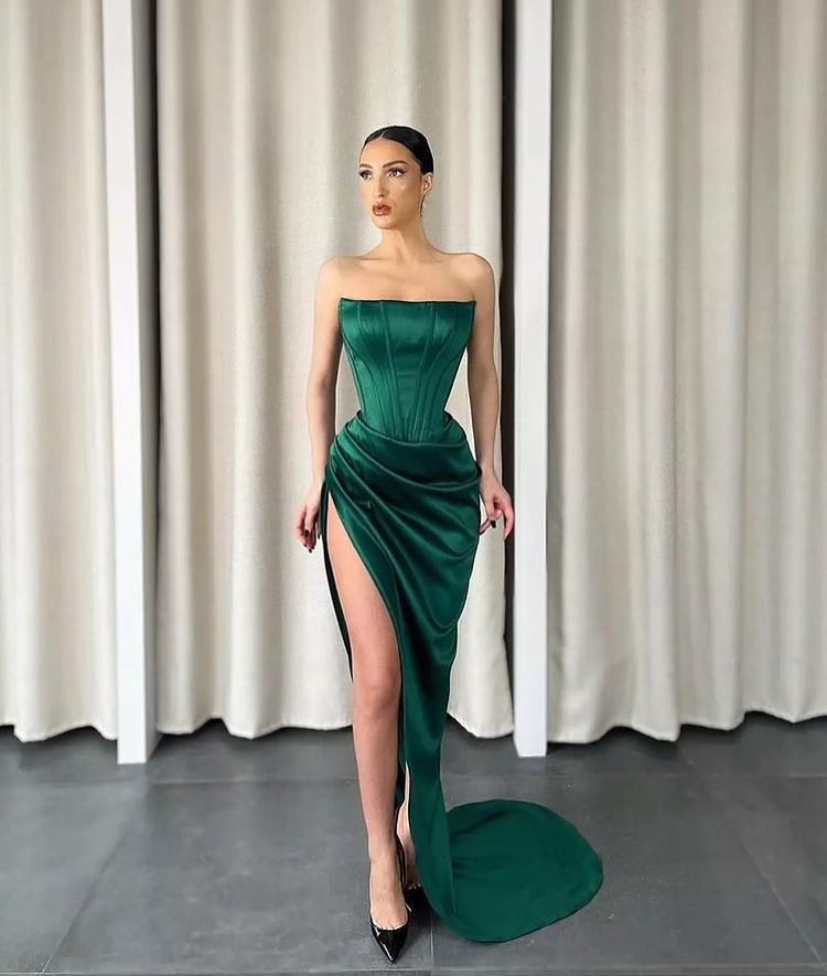 Dark Green Long Mermaid Strapless Sleeveless Satin Slit Mermaid Prom D BIZTUNNEL Dark Green Long Mermaid Strapless Sleeveless Satin Slit Mermaid Prom D BIZTUNNEL