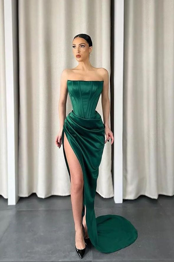 Dark Green Long Mermaid Strapless Sleeveless Satin Slit Mermaid Prom D BIZTUNNEL Dark Green Long Mermaid Strapless Sleeveless Satin Slit Mermaid Prom D BIZTUNNEL