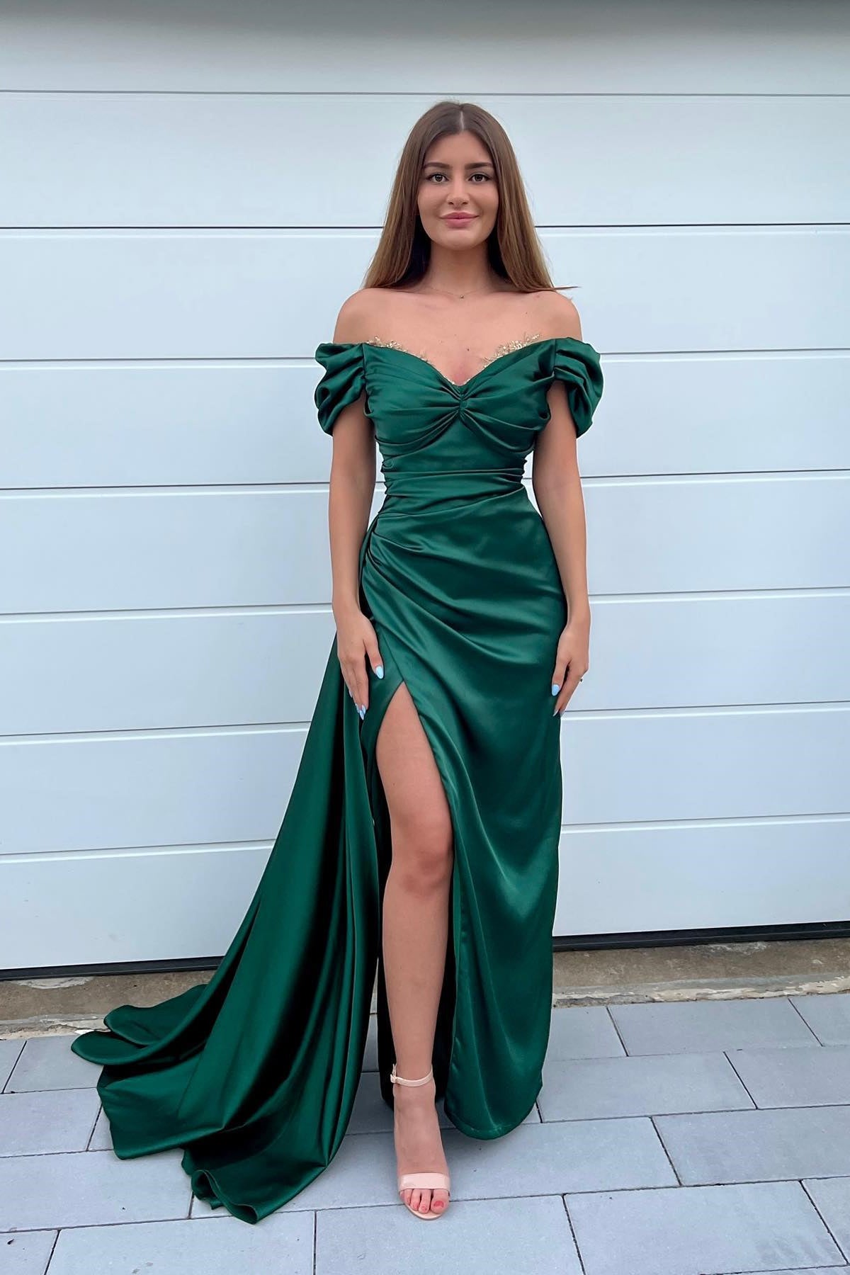 Dark Green Long Off The Shoulder Satin Sweetheart Mermaid Prom Dress with Front Split
