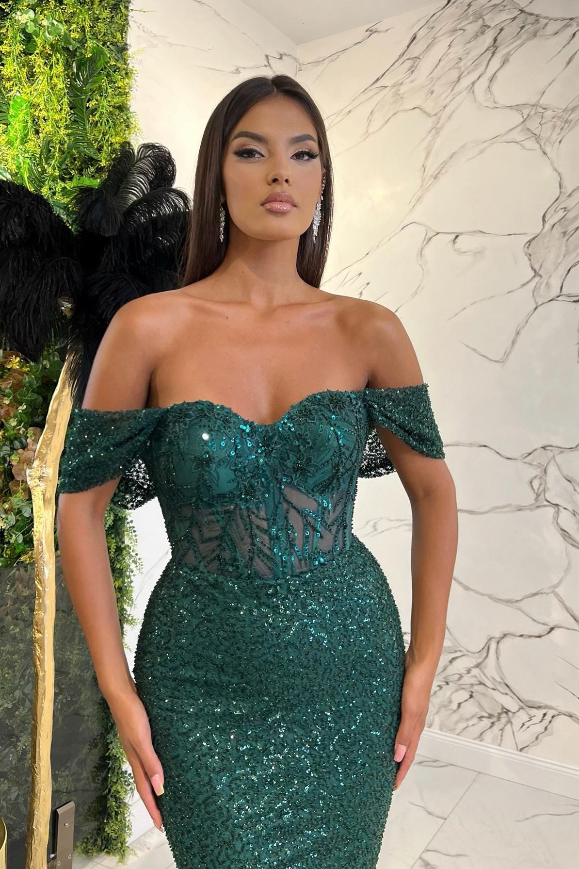 Dark Green Long Sweetheart Sequins Off-The-Shoulder Prom Dress with Appliques Dark Green Long Sweetheart Sequins Off-The-Shoulder Prom Dress with Appliques