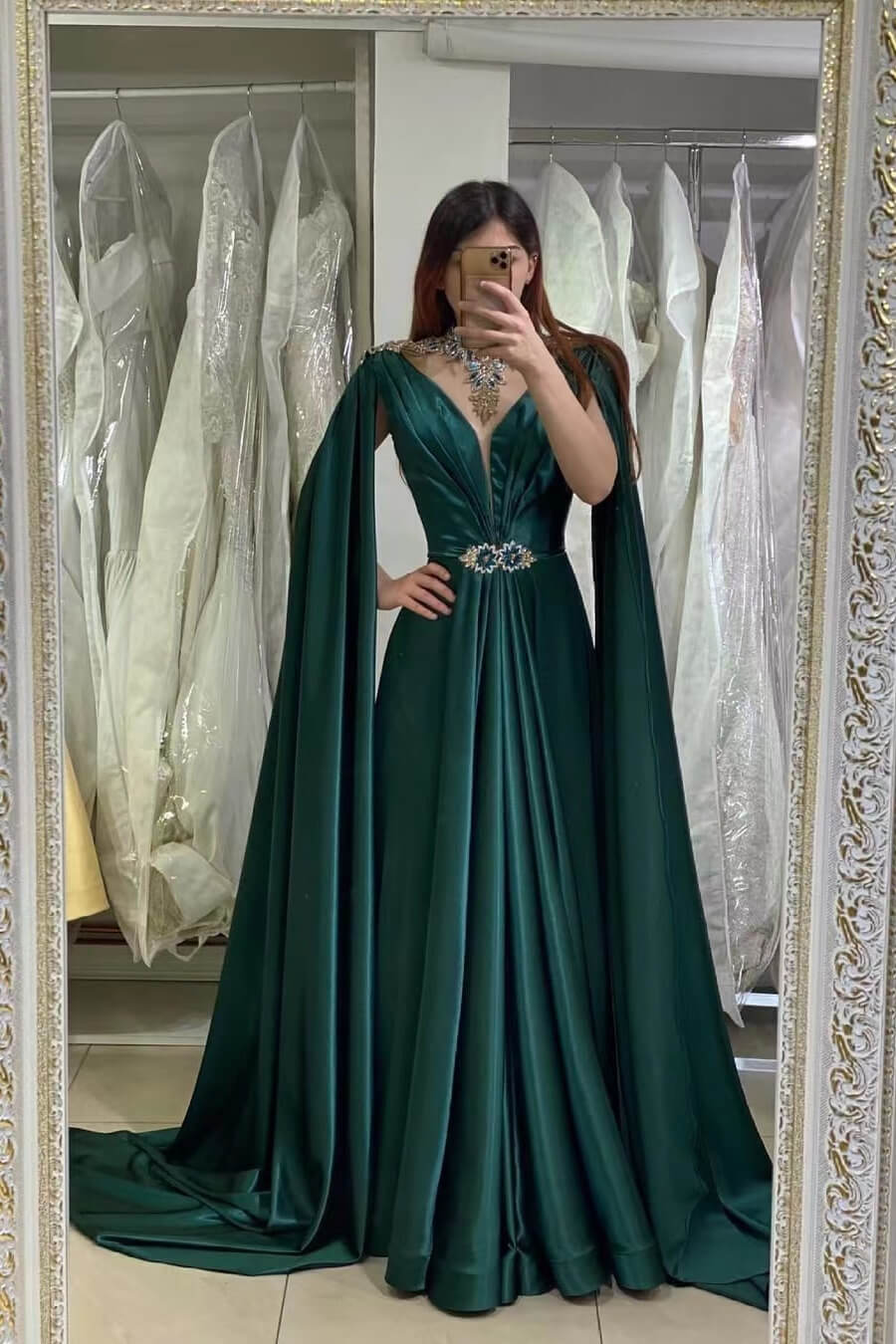 Dark Green V-Neck A-Line Satin Long Beaded Prom Dress with Ruffles BIZTUNNEL Dark Green V-Neck A-Line Satin Long Beaded Prom Dress with Ruffles BIZTUNNEL