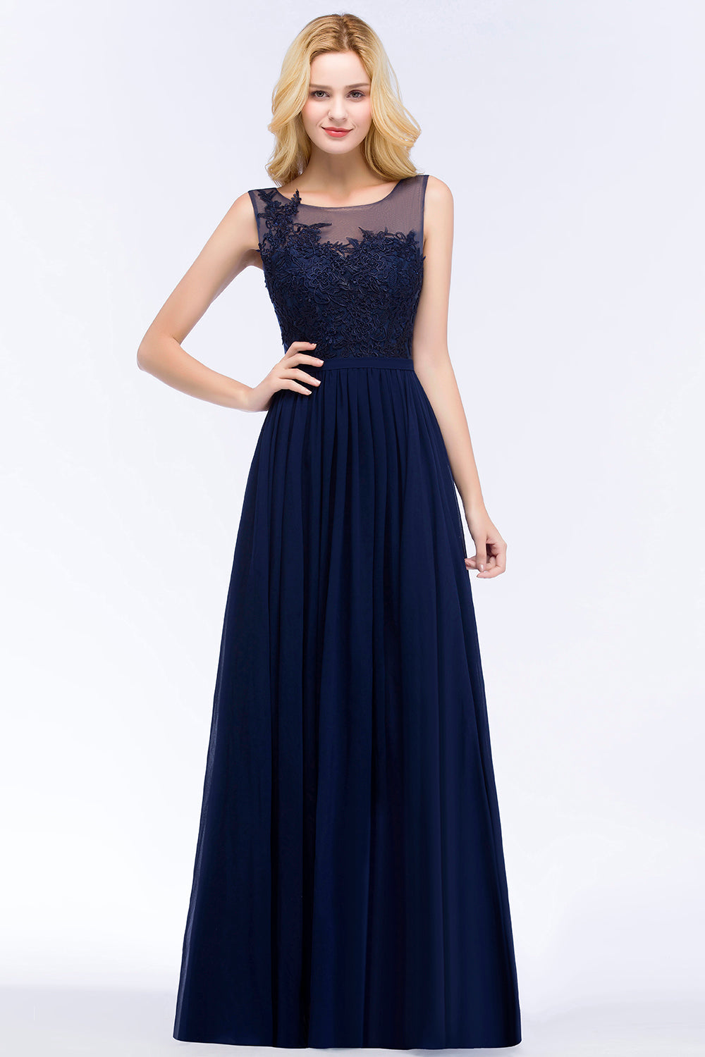 Dark Navy Long A-line Chiffon Appliques Lace Bridesmaid Dresses