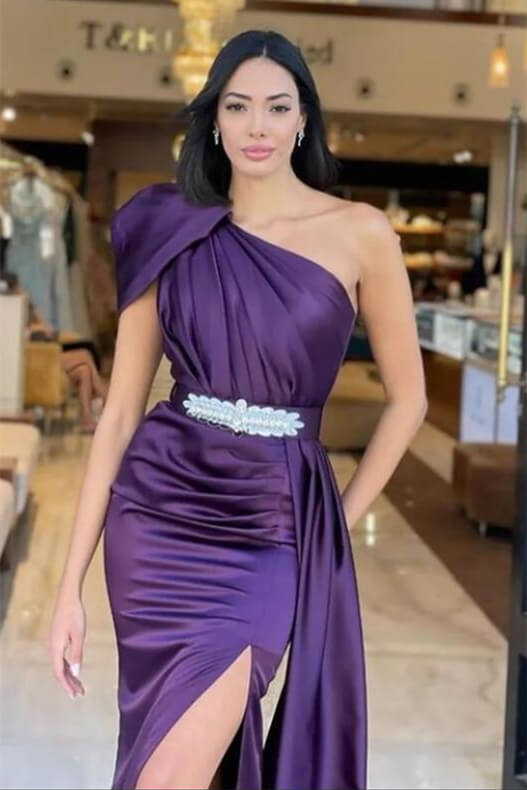 Burgundy Long Mermaid One Shoulder Ruffle Satin Prom Dress with Slit –  BIZTUNNEL