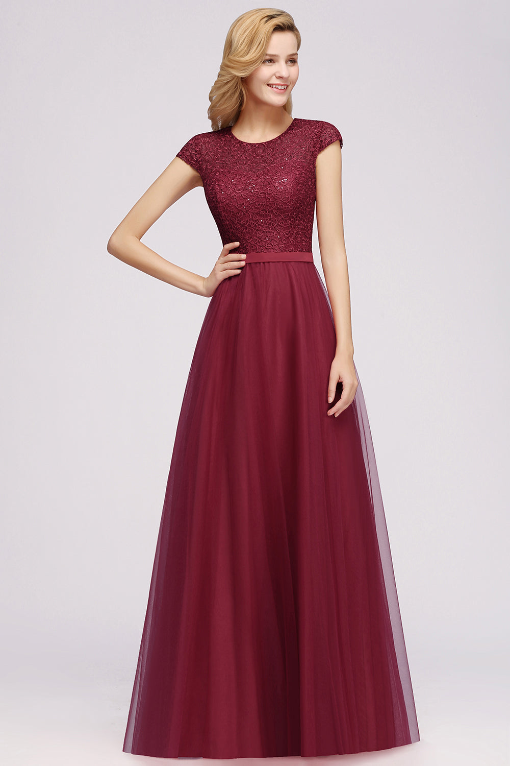 Delicate Long A-Line Lace Tulle Bridesmaid Dress with Sleeves