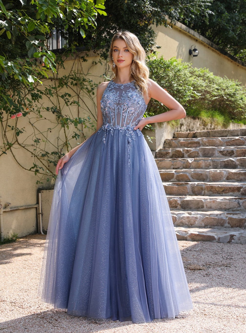 Dusty Blue Long A-line Crew Neck Tulle Floor Length Prom Dress with Appliques Lace Dusty Blue Long A-line Crew Neck Tulle Floor Length Prom Dress with Appliques Lace