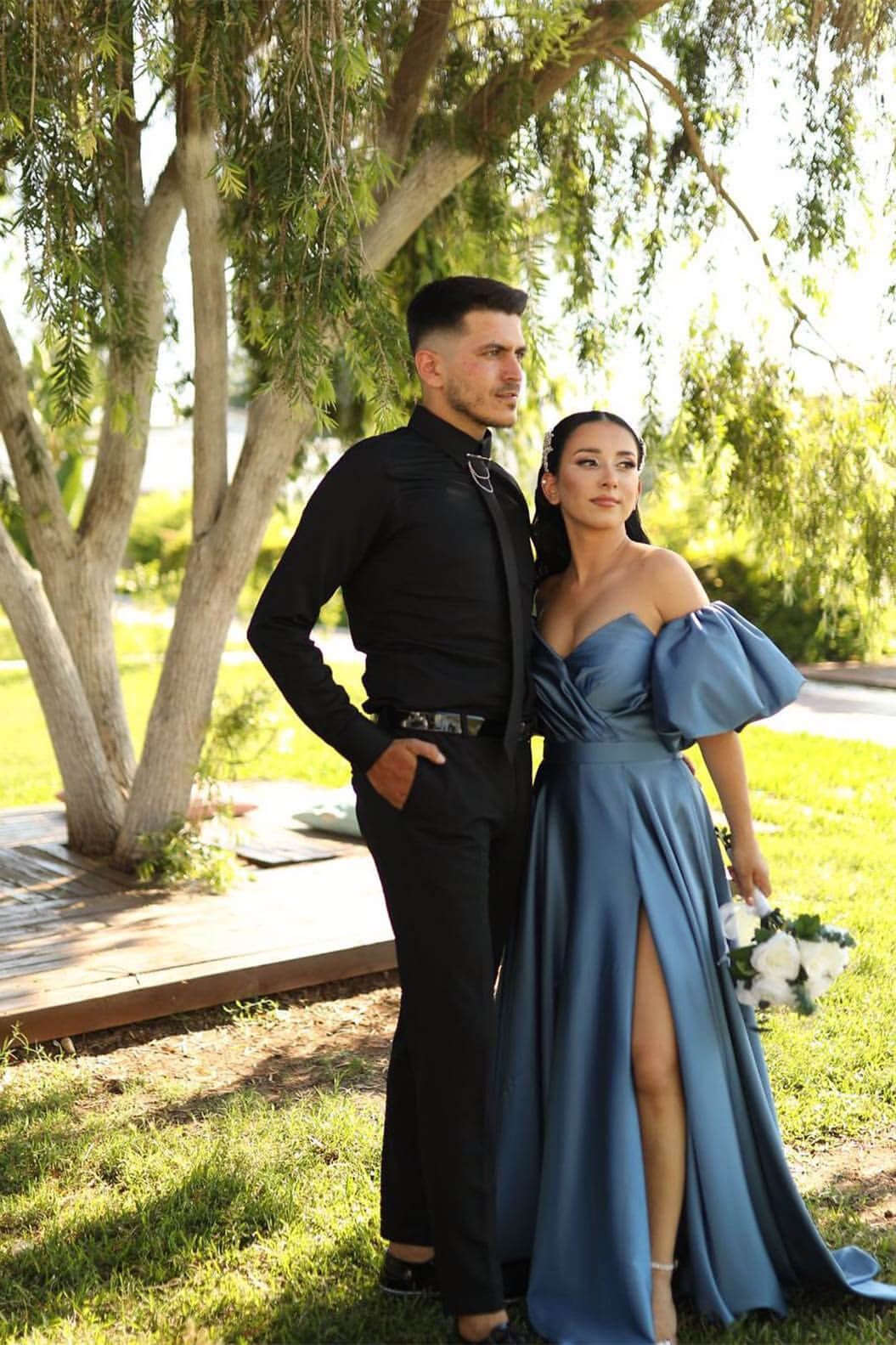 Dusty Blue Long A-Line Sweetheart Off-The-Shoulder Puff Sleeve Evening Dress with Front Split