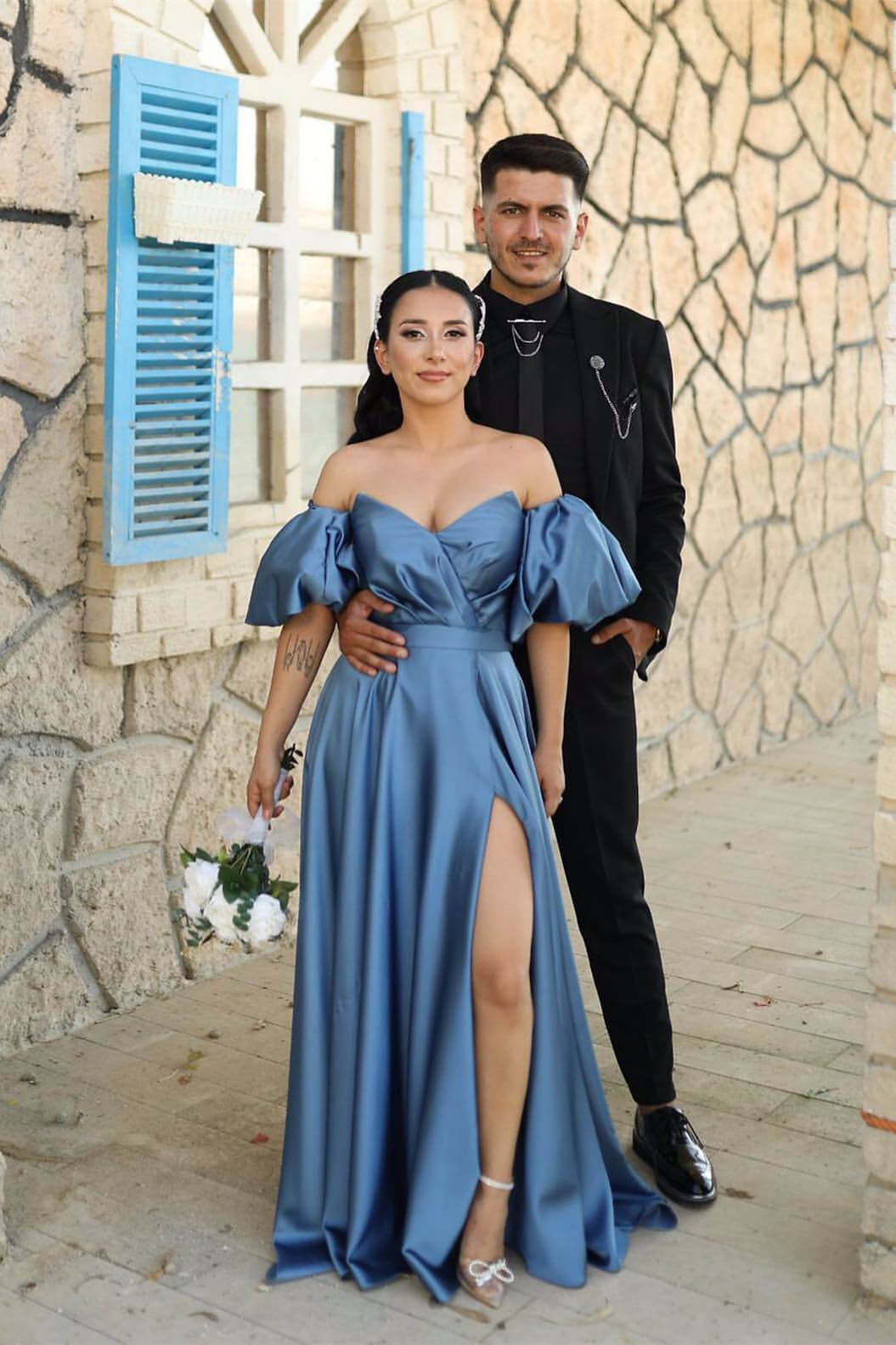 Dusty Blue Long A-line Sweetheart Off-the-Shoulder Puff Sleeve Evening Dress with Front Split