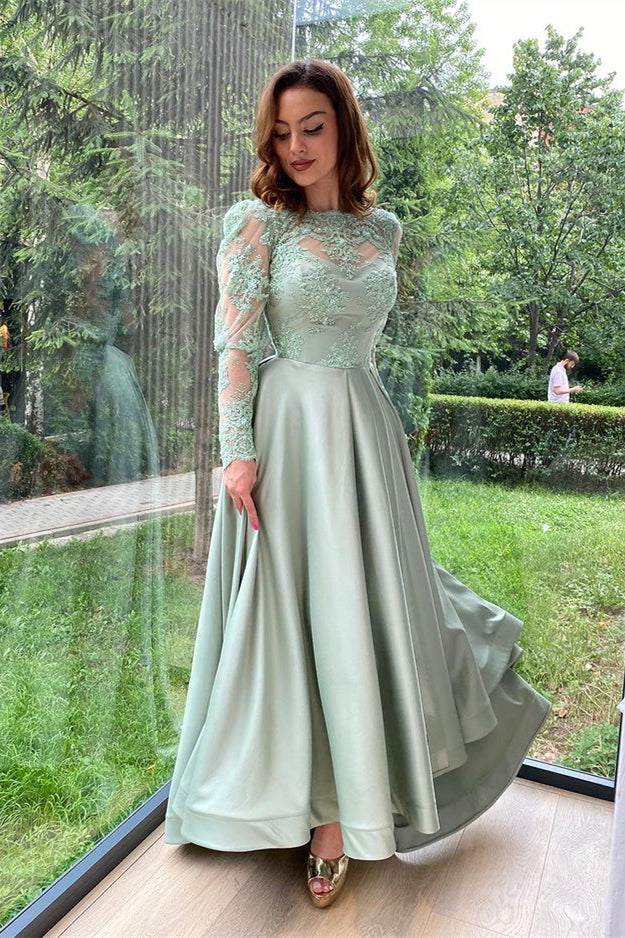 chinese dress ladies Sage Long Sleeves A Line Tulle Prom Dress with Appliques Sage Green / 00 main image 0