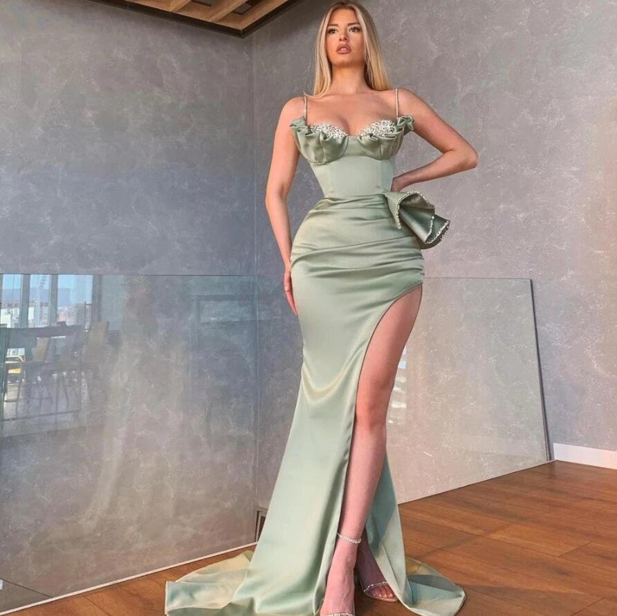 open lace back dress Charming Mermaid Off the-Shoulder Green Satin Prom Dresses with Beadin –  Anniebride