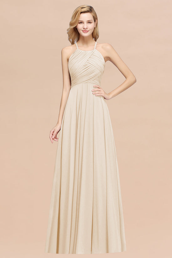 Elegant A-Line Chiffon Halter Ruffles Long Bridesmaid Dress-BIZTUNNEL